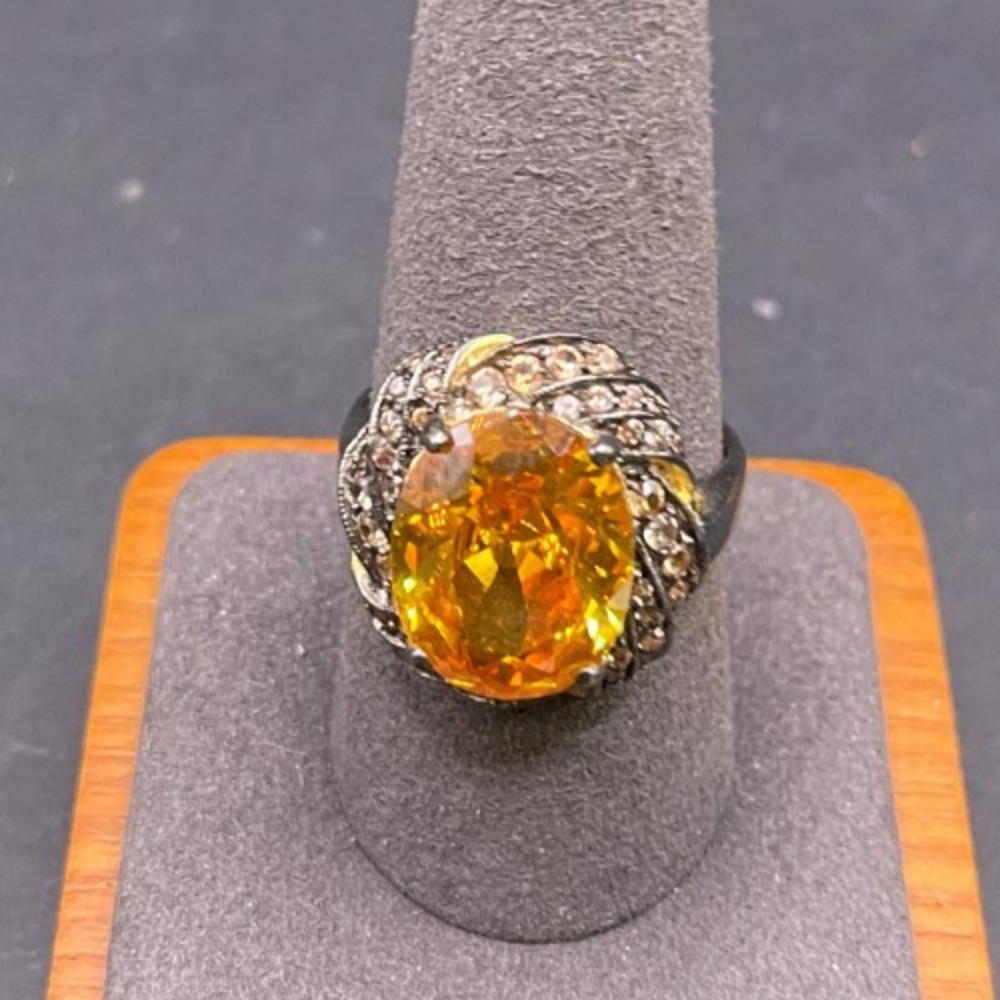 ADI Signed 925 Sterling Silver Yellow Citrine CZ Solitaire Ring Statement